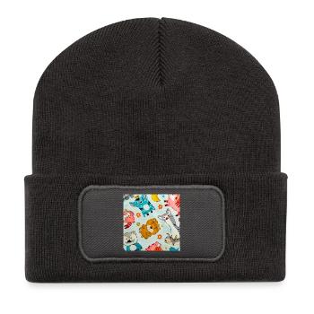 Verspielte Weltraumtier-Collage - Recycelte Patch Beanie - Dunkelgrau - Vorne