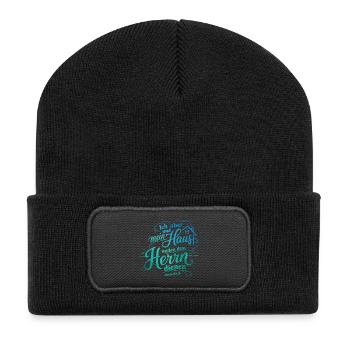 Bibelvers Lettering Design: Ich aber und mein Haus - Recycelte Patch Beanie - Schwarz - Vorne