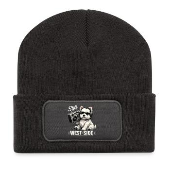 Cooler Westie mit Boombox: Still West-Side - Recycelte Patch Beanie - Dunkelgrau - Vorne