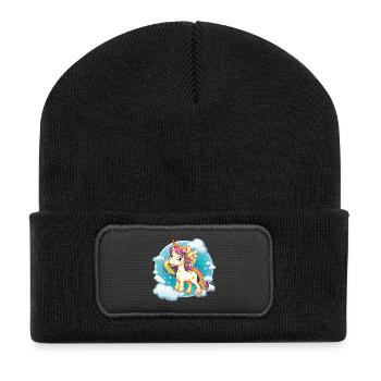 Regenbogen Einhorn Wolkenzauber - Recycelte Patch Beanie - Schwarz - Vorne
