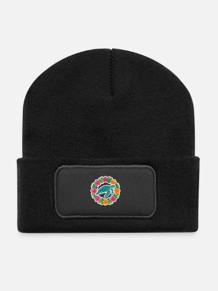 Turtle in Hibiscus Circle - Recycled Patch Beanie - black