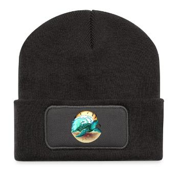 Meeresschildkröte, Ozeanwellen- und Fregattenvögel - Recycelte Patch Beanie - Dunkelgrau - Vorne