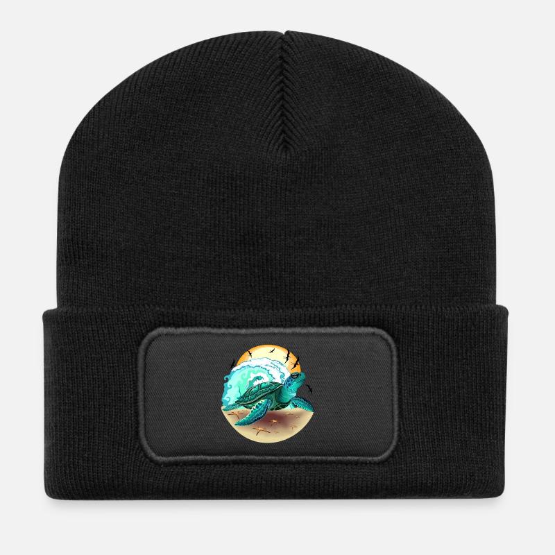 Sea Turtle, Ocean Wave and Frigate Birds - Recycled Patch Beanie - black