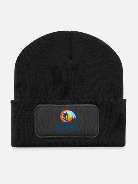Surfing Retro Waves Silhouette Sunset - Recycled Patch Beanie - black