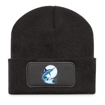 Blauer Marlin-Schwertfisch springt aus dem Ozean - Recycelte Patch Beanie - Dunkelgrau - Vorne