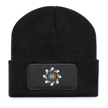 Helles Kaleidoskop-Mandala - Recycelte Patch Beanie - Schwarz - Vorne