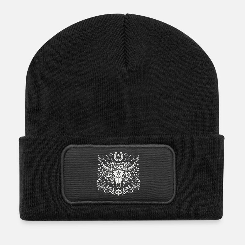 Buffalo Skull with Flowers - Recycled Patch Beanie - black