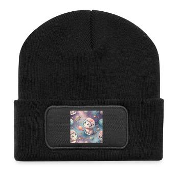 Kosmisches Kätzchen im Orbit - Recycelte Patch Beanie - Schwarz - Vorne