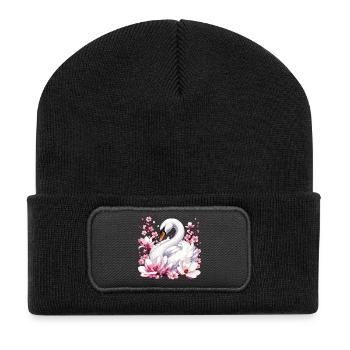 Cygne blanc avec des cerisiers en fleurs - Beanie recyclé à patch - noir - Devant