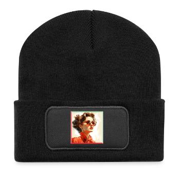 Roter Retro-Look Portrait - Recycelte Patch Beanie - Schwarz - Vorne