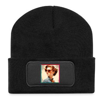 Retro Woman in Orange Eyeglasses - Recycled Patch Beanie - black - Front