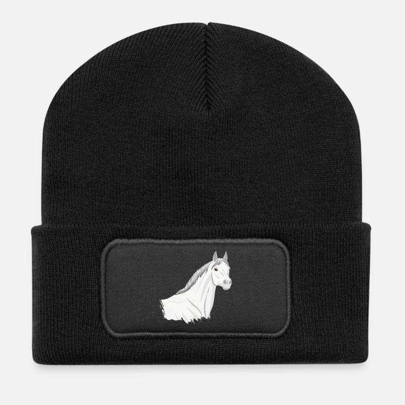 Der Kopf eines hellgrauen Abbayan-Pferdes - Recycelte Patch Beanie - Schwarz