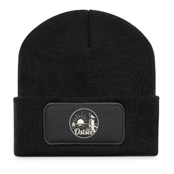 Ostsee Segelboot Möwe Sonnenuntergang - Recycelte Patch Beanie - Schwarz - Vorne