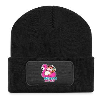 Strandbauch, Sommerschwangerschaft, Flamingo-Aufkleber, Spaß - Recycelte Patch Beanie - Schwarz - Vorne