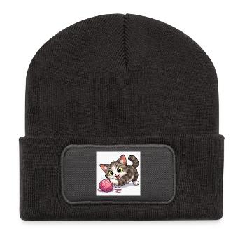 Kitten with ball of wool - Recycled Patch Beanie - dark grey - Front