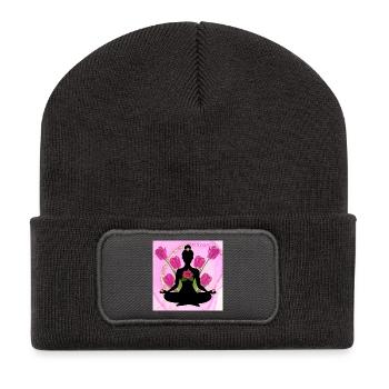 Meditative Silhouette rosa Hibiskus - Recycelte Patch Beanie - Dunkelgrau - Vorne