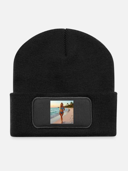 Blue bikini on tropical beach - Recycled Patch Beanie - black