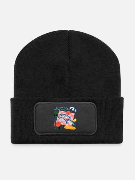 Sardinen-Picknick Mittelmeer-Illustration - Recycelte Patch Beanie - Schwarz
