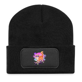 Retro Synthwave Cat Skateboard - Recycled Patch Beanie - black - Front