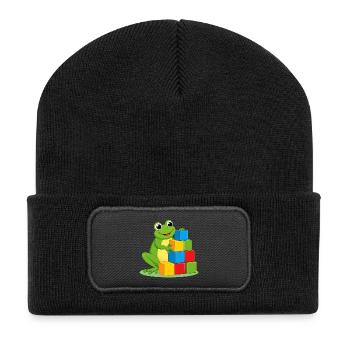 Green cartoon frog playing with colorful building blocks - Recycled Patch Beanie - black - Front