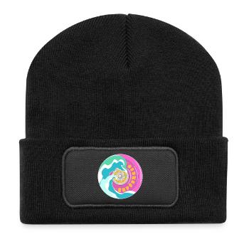 Surfskate Motiv in Pink Gelb mit Wellen - Recycelte Patch Beanie - Schwarz - Vorne