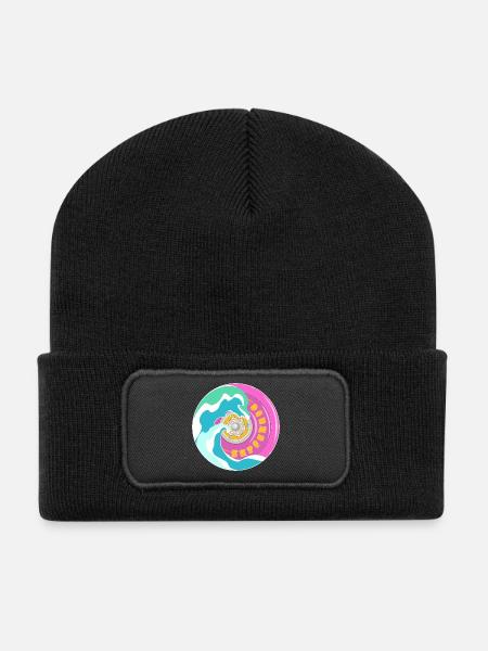 Surfskate motif in pink yellow with waves - Recycled Patch Beanie - black