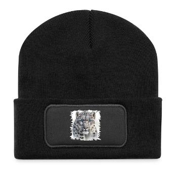 Schneeleopard mit blauen Augen - Recycelte Patch Beanie - Schwarz - Vorne