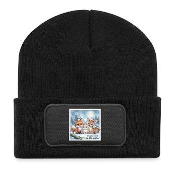 Süße Winterwald Tiere – Fuchs, Hase und Rehkitz  - Recycelte Patch Beanie - Schwarz - Vorne