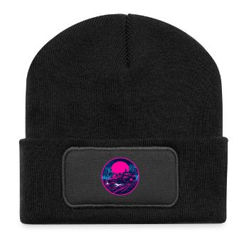 Retro 90er JDM Coupé Rainy Neon Cyber City Emblem - Recycelte Patch Beanie - Schwarz - Vorne