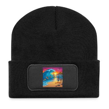 Welle beim Sonnenuntergang - Recycelte Patch Beanie - Schwarz - Vorne