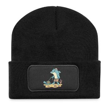 Delfin geht Gassi mit Schildkröte - Recycelte Patch Beanie - Schwarz - Vorne
