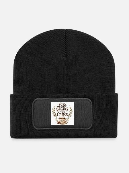 Life_Begins_After_Coffee.png - Recycelte Patch Beanie - Schwarz