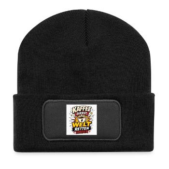 Kaffee zuerst, Welt retten später. - Recycelte Patch Beanie - Schwarz - Vorne
