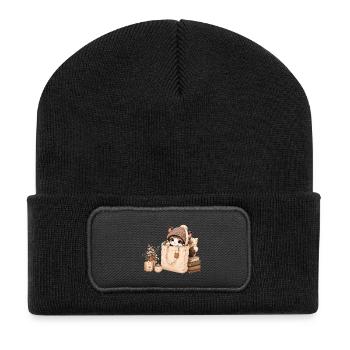 Gemütliches Kätzchen in einer Stofftasche - Recycelte Patch Beanie - Schwarz - Vorne