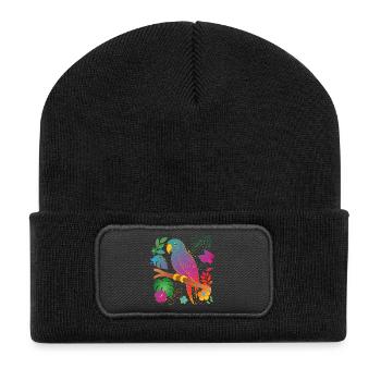 Bunter Papagei im Tropen Design - Recycelte Patch Beanie - Schwarz - Vorne