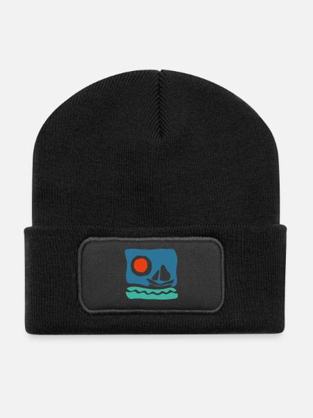 Sailboat on azure sea – Marine illustration - Recycled Patch Beanie - black