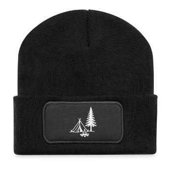 Camping Tent with Campfire and Christmas Tree Outdoor - Recycled Patch Beanie - black - Front