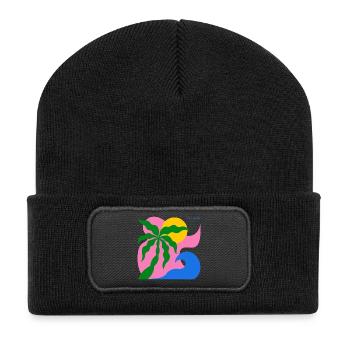 Abstract Palm Tree & Sun: Summer Design - Recycled Patch Beanie - black - Front