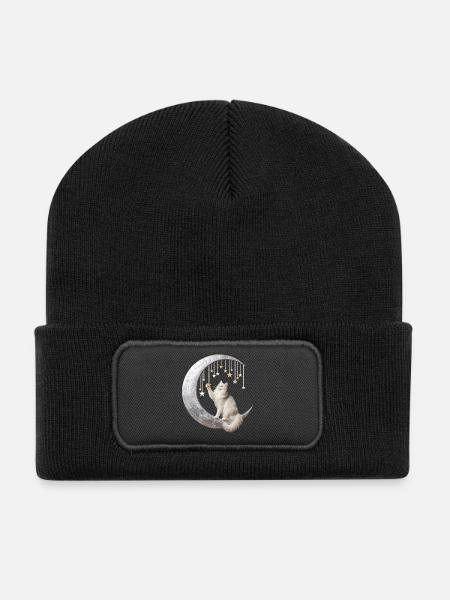 Moon Cat and Stars - Recycled Patch Beanie - black