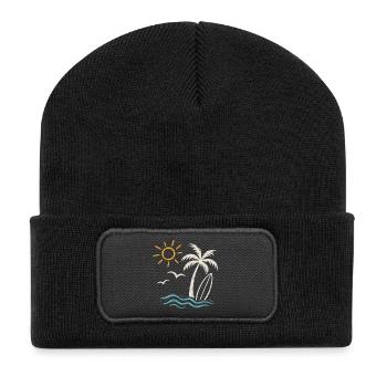 Surf de plage d’été – Palmier, vagues et soleil - Beanie recyclé à patch - noir - Devant