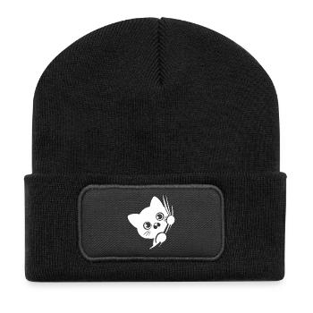 Baffled cat behind the curtain - Recycled Patch Beanie - black - Front