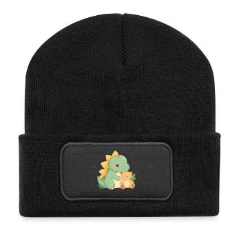 Little Green Dino with Teddy Bear – Cute Friends - Recycled Patch Beanie - black - Front