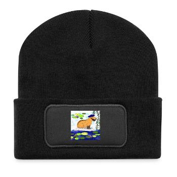 Capybara im Seerosen Teich - Recycelte Patch Beanie - Schwarz - Vorne