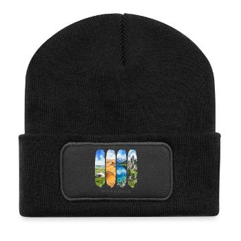 Mongolei Travel – Steppe & Nomaden Motiv - Recycelte Patch Beanie - Schwarz - Vorne