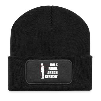 Hals Maul lustiger Spruch - Recycelte Patch Beanie - Schwarz - Vorne