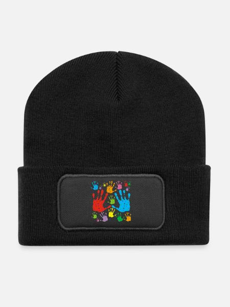 Mehrfarbige Handabdrücke - Recycelte Patch Beanie - Schwarz