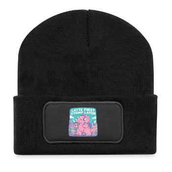 Latte First Stomp Later Dino - Recycelte Patch Beanie - Schwarz - Vorne