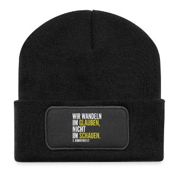 Wir wandeln im Glauben – 2. Korinther 5,7 - Recycelte Patch Beanie - Schwarz - Vorne