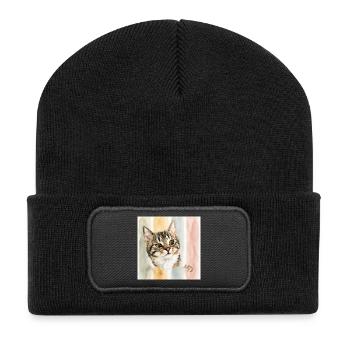 Pastellkatze Aquarellstreifen Katze Maus - Recycelte Patch Beanie - Schwarz - Vorne