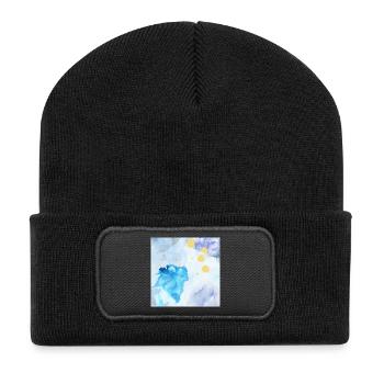 Azurblaue Aquarellblüte mit Goldspritzern - Recycelte Patch Beanie - Schwarz - Vorne